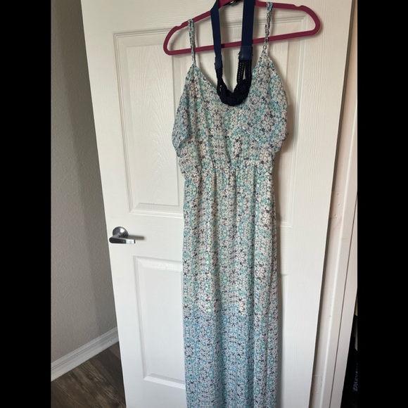 Floral blue dress with navy belt size M/L - Picture 1 of 5